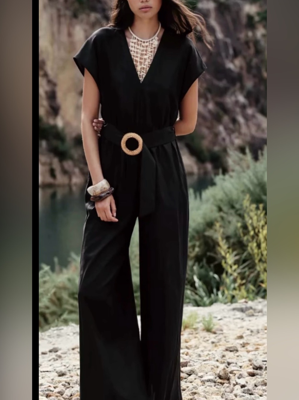 Zara Black V-Neck Maxi pantsuit with Woven Belt NWT